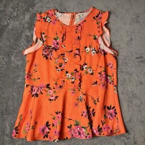 Versona Women's Blouse Top Orange Pink Floral‎ Short Flutter Sleeve Pullover L